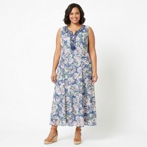 Jessica London Blue Floral Crochet Neck Sleeveless Maxi Dress 18